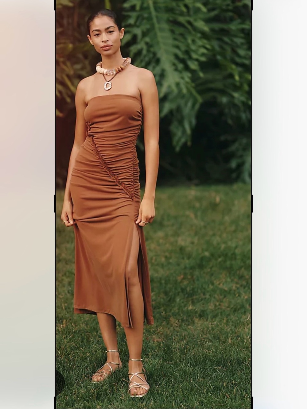 Anthropologie Strapless Ruched Maxi Dress in Warm Brown